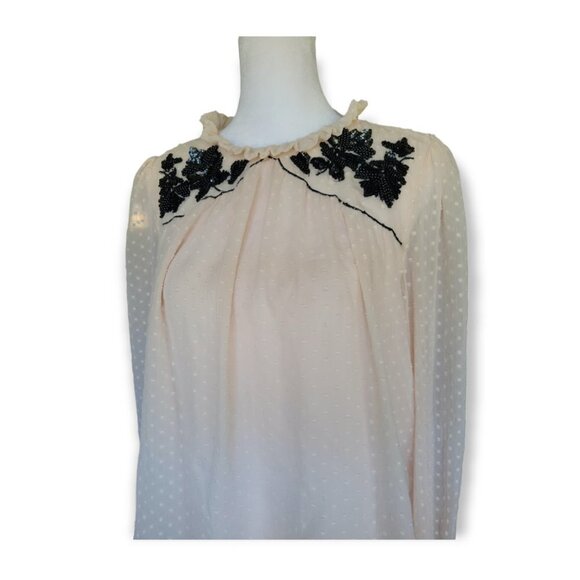 𝅺ZARA Swiss‎ Dot Sheer Sleeved Beaded Neckline Blouse Light Pink Medium - Picture 8 of 11